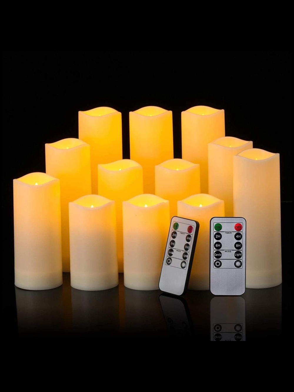 Flameless Ivory LED Pillar Candle Set with Remote - 12 Pack